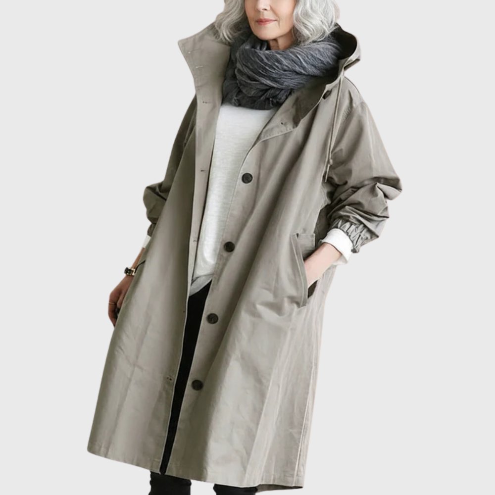 Sytske | Ruimvallende Lange Trenchcoat met Capuchon