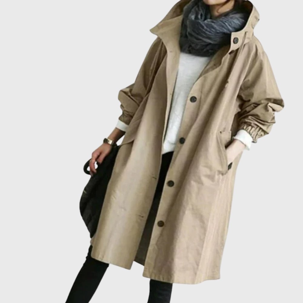 Sytske | Ruimvallende Lange Trenchcoat met Capuchon
